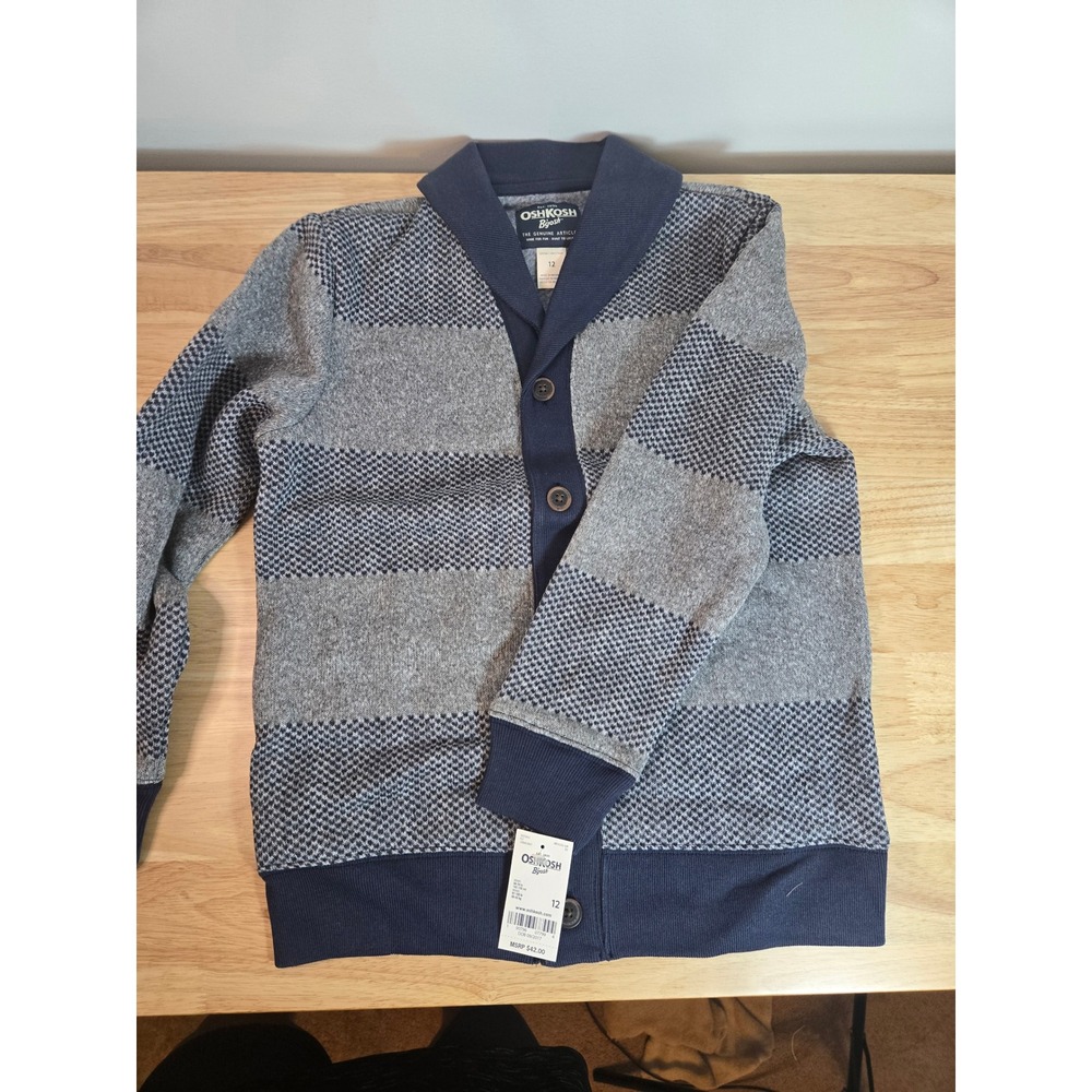 OshKosh Bgosh Boys Navy Gray Striped Shawl Collar Cardigan Sweater Size 12 NWT